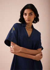 A Model Wearing Blue Denim The Slow Sustainable Denim Maxi Dress, curated by Only Ethikal